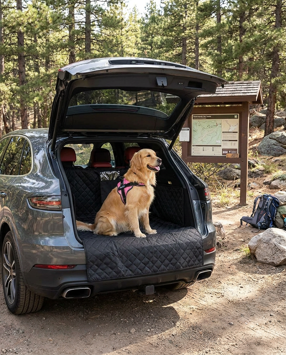 Waterproof Dog Trunk Cargo Cover for SUVs in use, lifestyle background