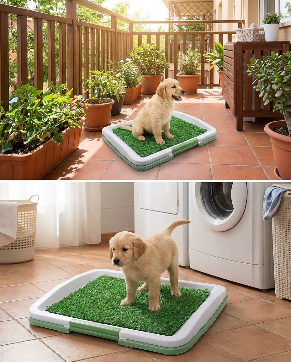 Indoor Dog Potty Tray with Artificial Turf in use, lifestyle background