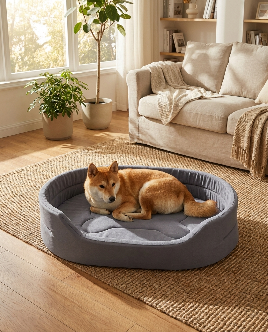 Eco-Friendly Bolster Pet Bed with Raised Rim in use, lifestyle background