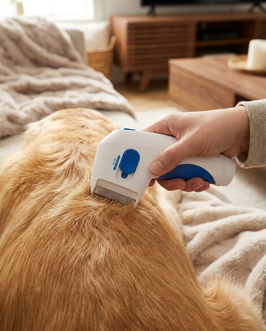 Electric Flea and Tick Remover Comb for Dogs and Cats in use, lifestyle background