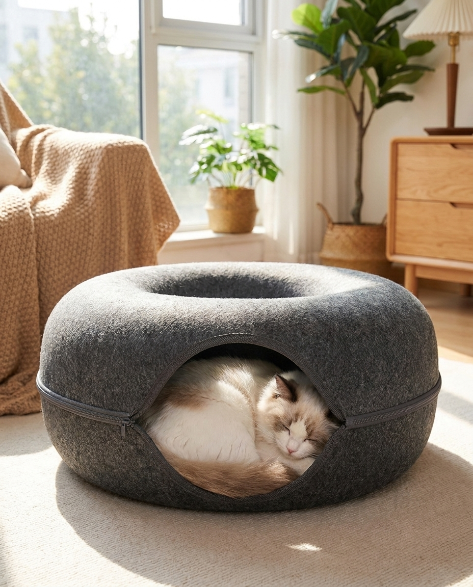 Convertible Donut Tunnel Bed for Cats in use, lifestyle background