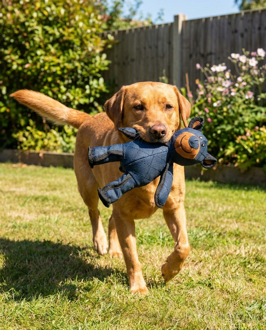Plush Squeaker Bear Dog Toy in use, lifestyle background