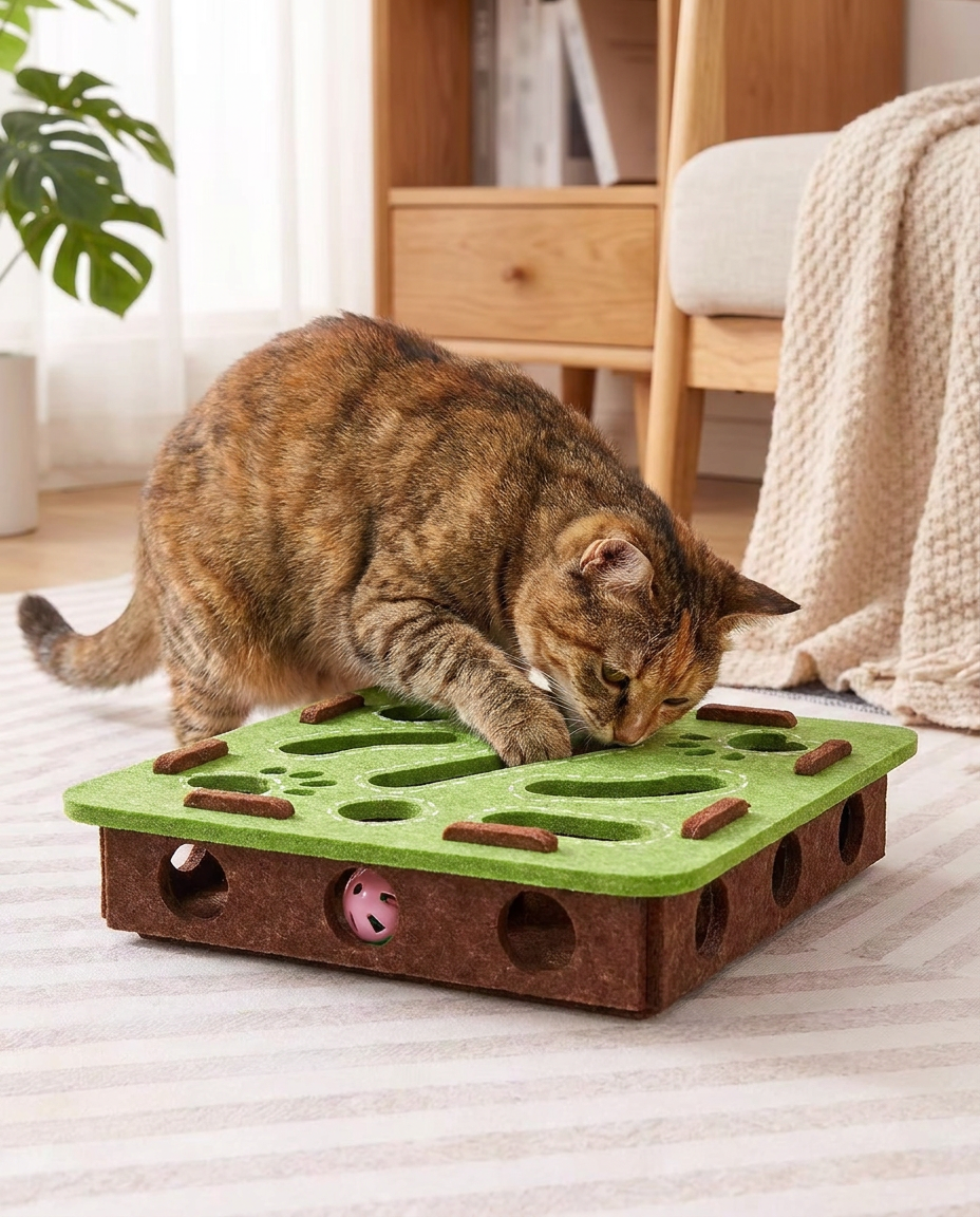 Felt Interactive Cat Puzzle Toy Box in use, lifestyle background