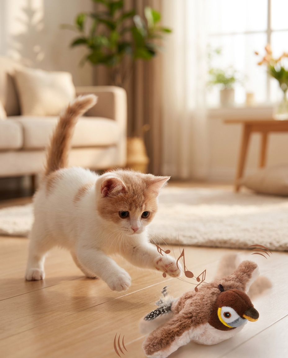 Fluttering Bird Cat Toy - Motion Activated Interactive Toy in use, lifestyle background