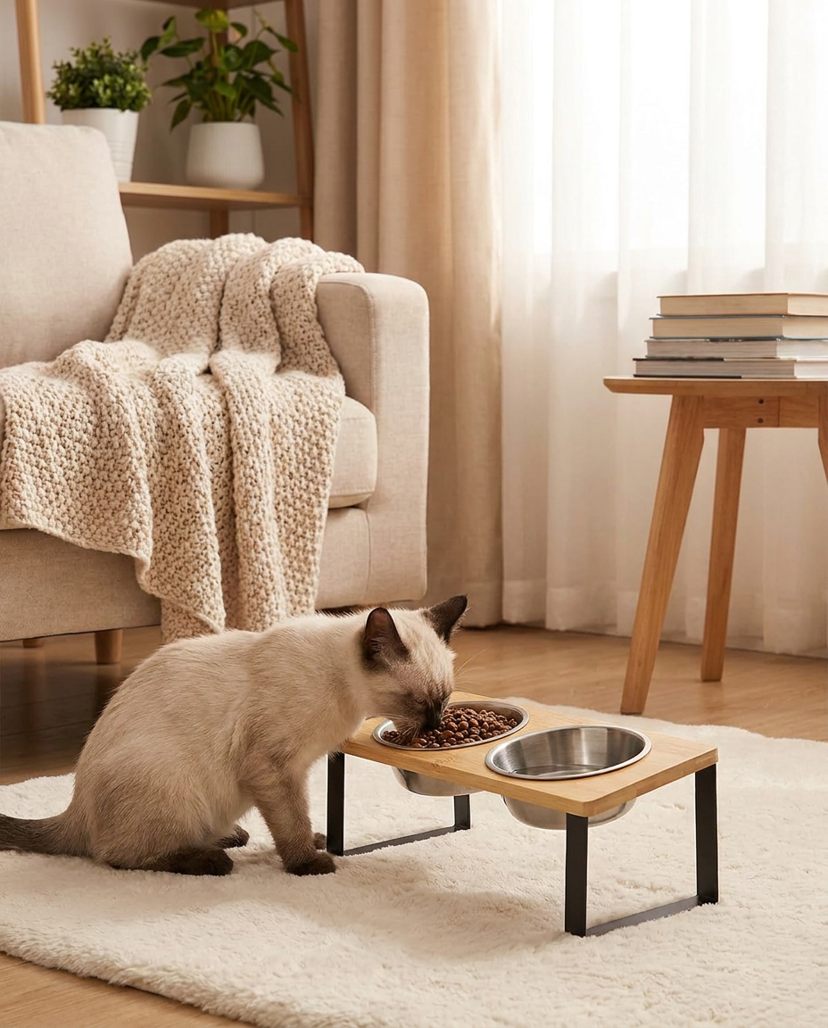 Elevated Cat Bowl with 15-Degree Tilt for Comfortable Feeding in use, lifestyle background