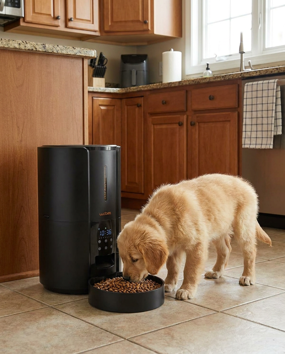 Large Automatic Dog and Cat Food Feeder Dispenser in use, lifestyle background