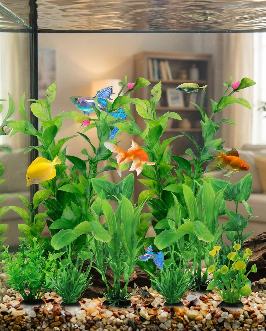 Artificial Fish Tank Plants - Aquarium Decoration Set in use, lifestyle background