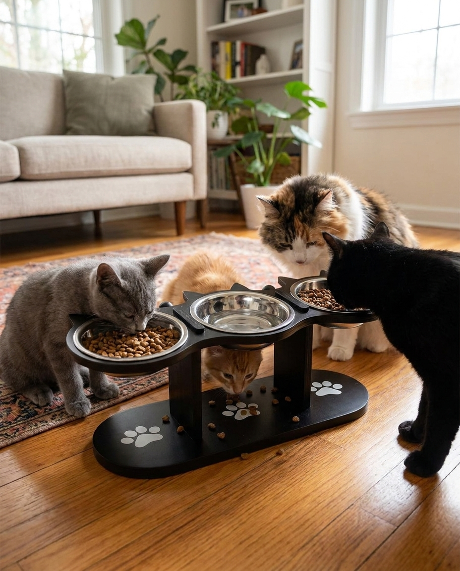 Elevated Cat Bowl with 3 Stainless Steel Dishes in use, lifestyle background