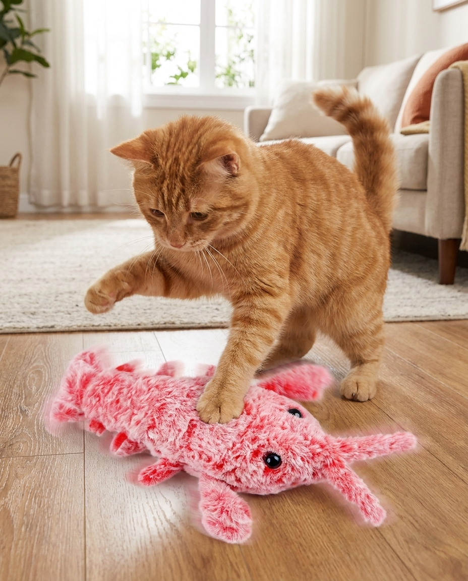 Electric Jumping Shrimp Pet Toy - USB Rechargeable Interactive Toy in use, lifestyle background