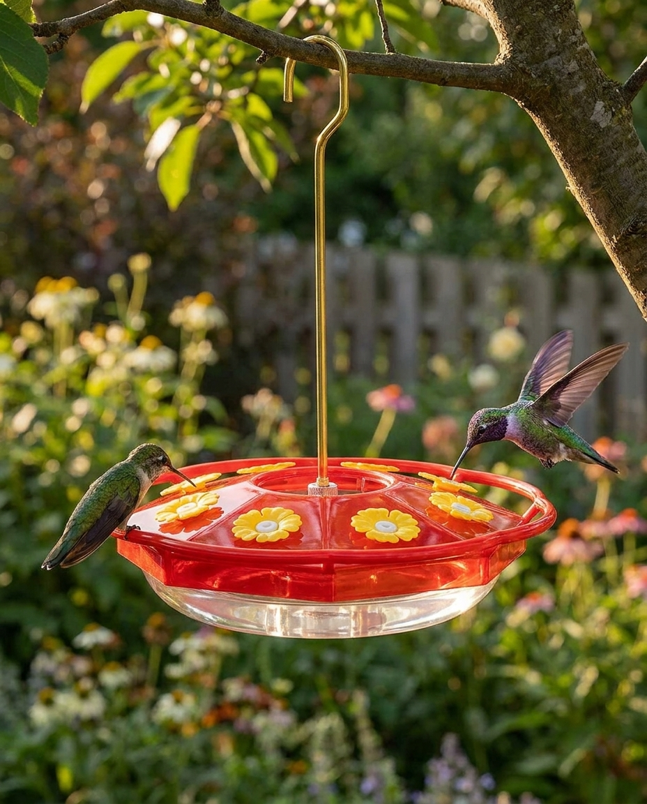Flower-Shaped Hummingbird Feeder - 8 Port Hanging Feeder in use, lifestyle background