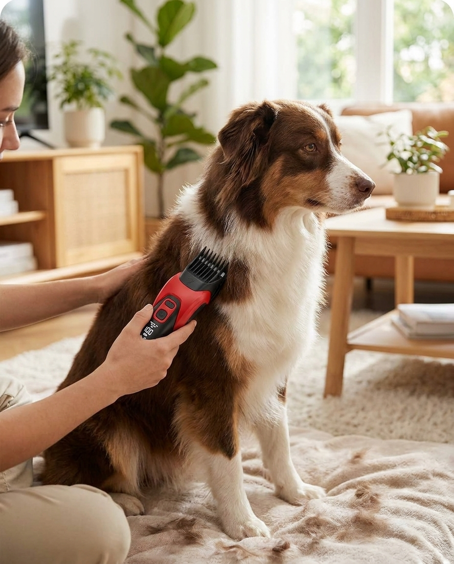 Electric Professional Dog Grooming Hair Clipper - Cordless and Quiet in use, lifestyle background