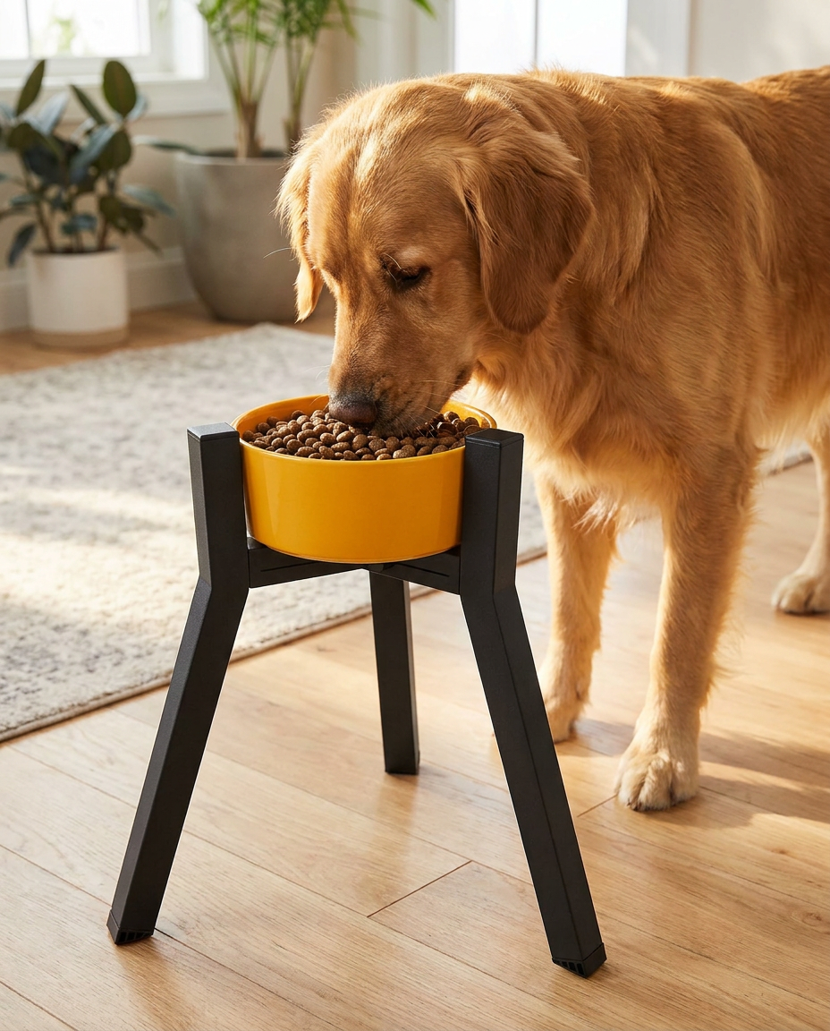 Elevated Dog Bowl Stand - Adjustable Foldable Feeder in use, lifestyle background