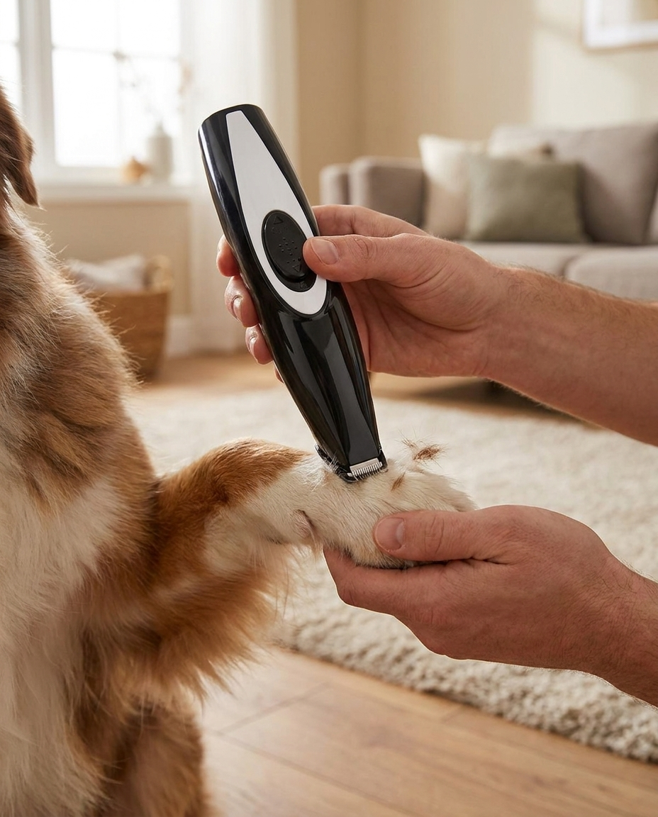 Electric Pet Grooming Trimmer for Paws, Ears, and Sensitive Areas in use, lifestyle background