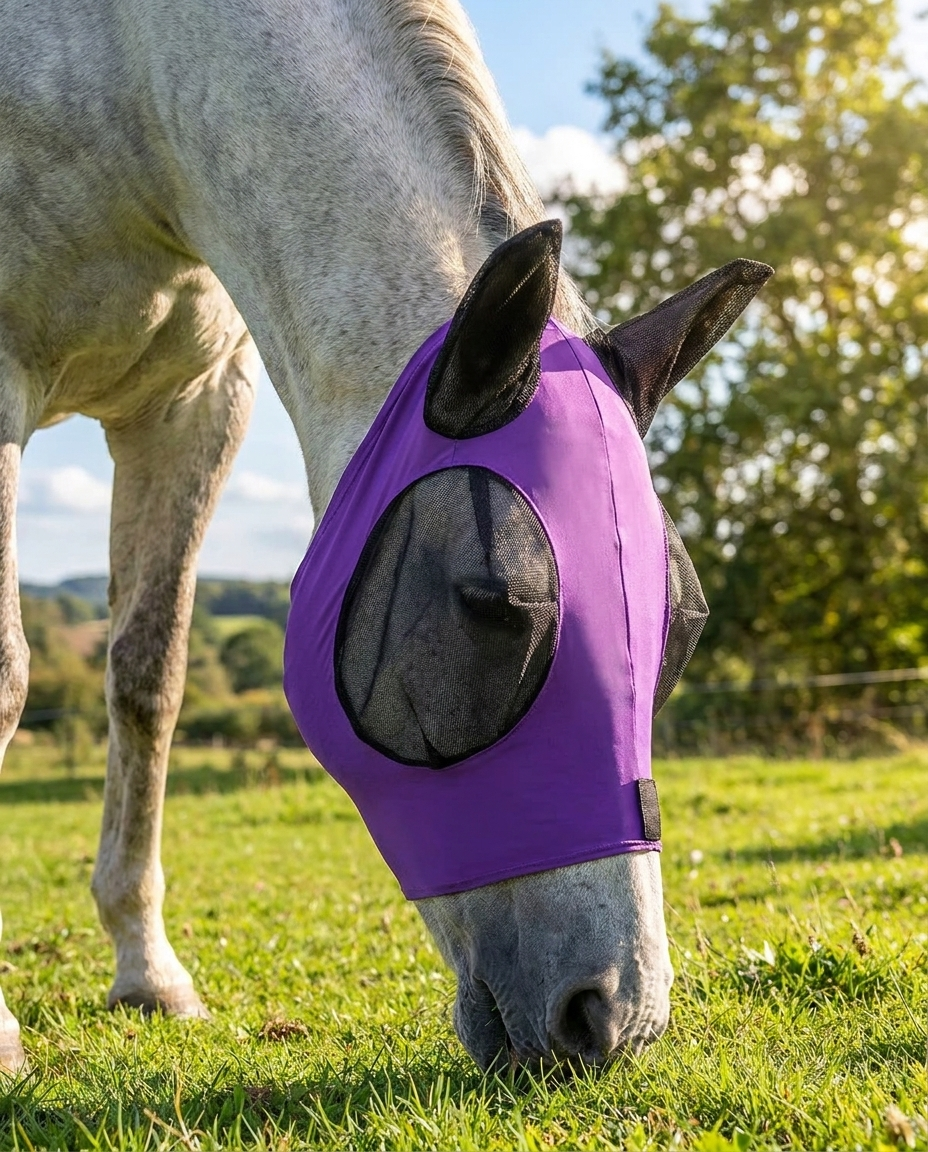Stretch Mesh Horse Fly Mask with UV Protection in use, lifestyle background