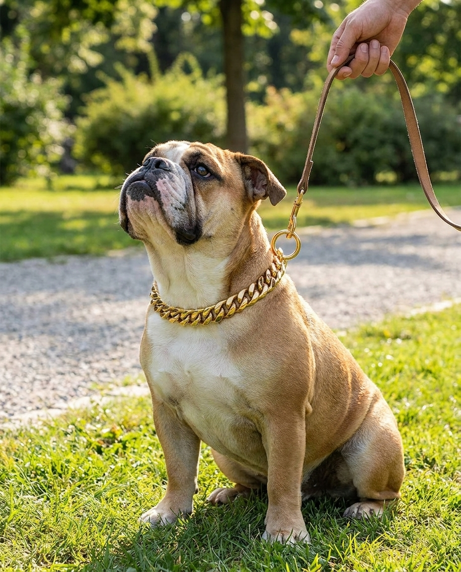 Heavy-Duty Dog Collar with Solid Polished Links in use, lifestyle background