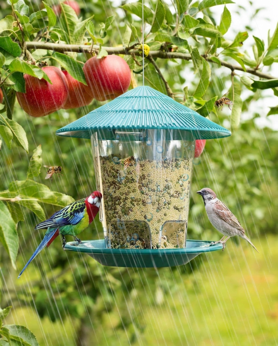 Hanging Bird Feeder with Automatic Seed Dispenser in use, lifestyle background