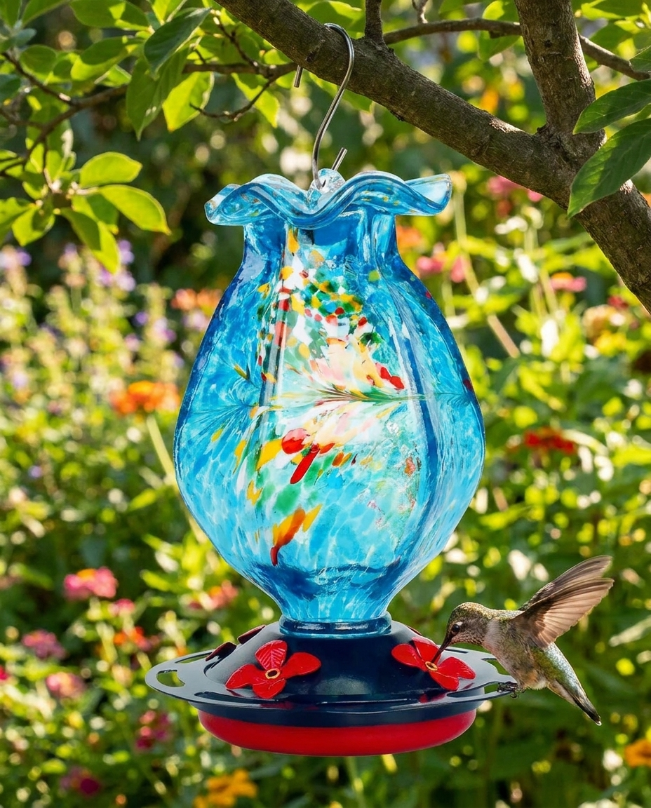 Hand Blown Glass Hanging Hummingbird Feeder in use, lifestyle background