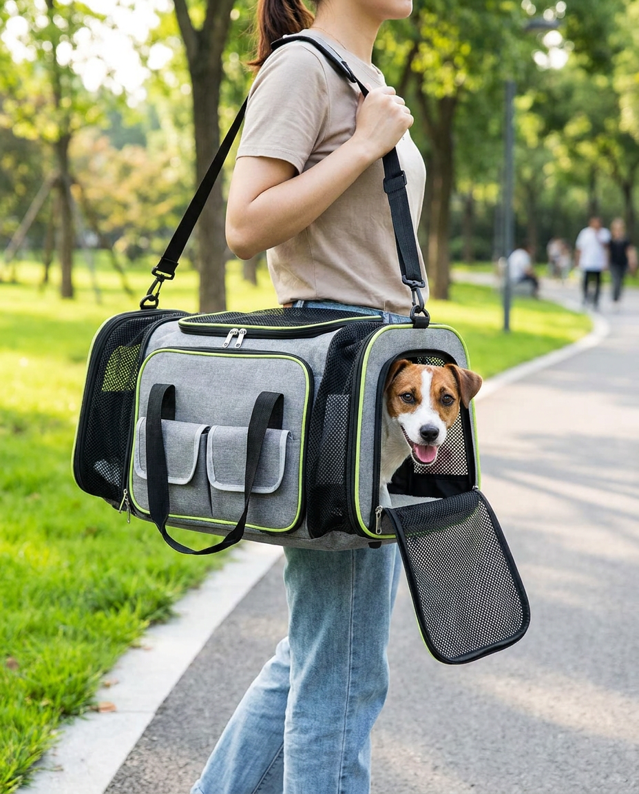 Foldable Pet Carrier Bag for Small Pets in use, lifestyle background