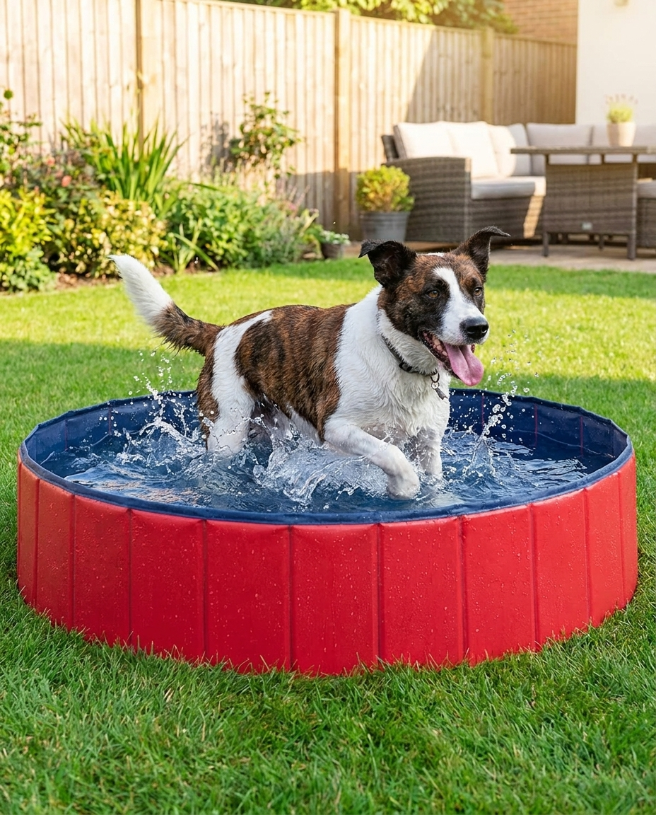Foldable Dog Pool - Portable Pet Bathing and Play Pool in use, lifestyle background