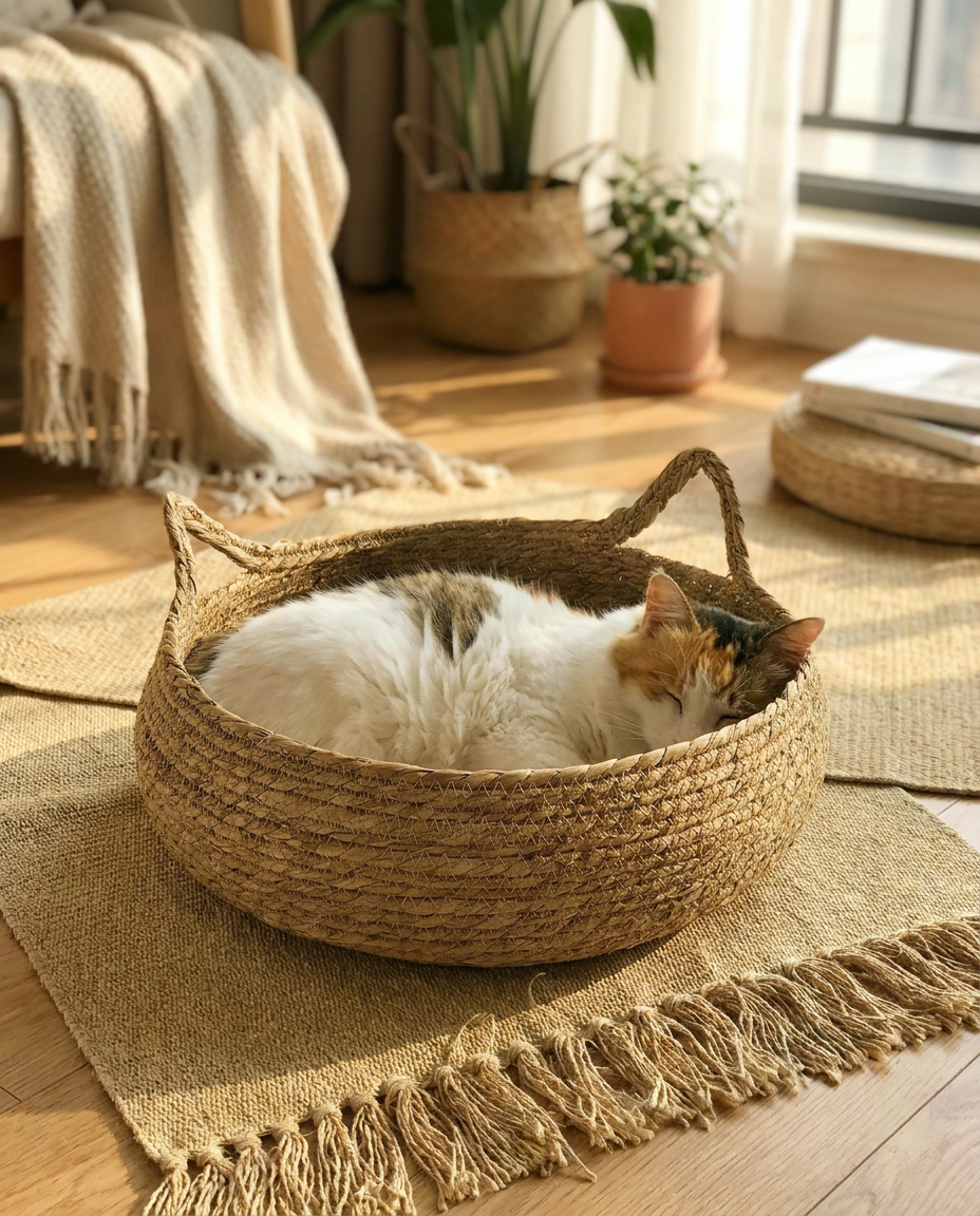 Handmade Woven Cat Bed with Seasonal Warmth Pad in use, lifestyle background