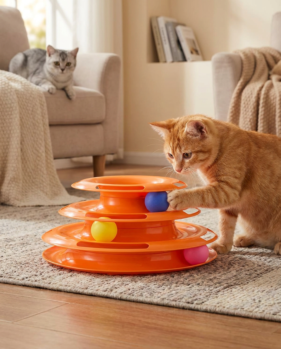 Fun Interactive Cat Toys - 3 Layer Ball Tower in use, lifestyle background