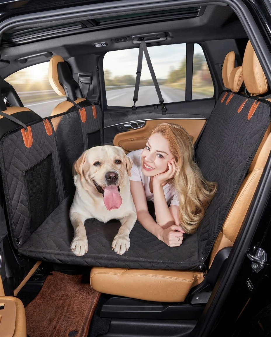 Hard Bottom Car Seat Extender for Dogs in use, lifestyle background