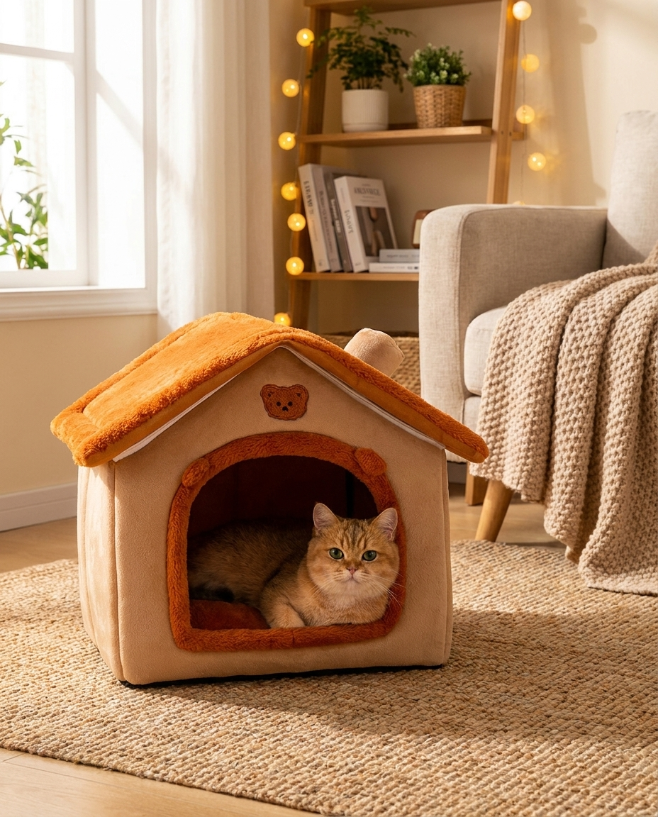 Cozy Indoor Cat House with Plush Den Design in use, lifestyle background