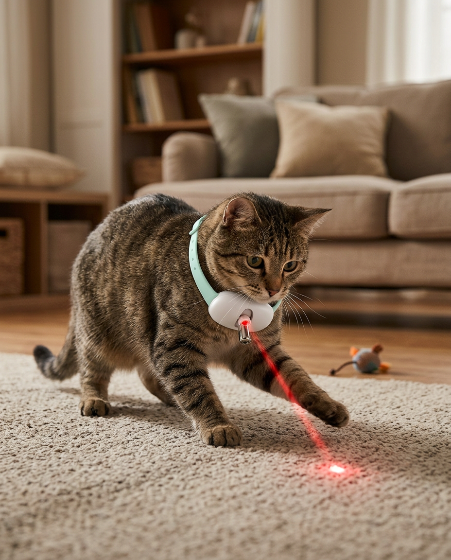 Interactive Laser Cat Collar with USB Rechargeable Battery in use, lifestyle background