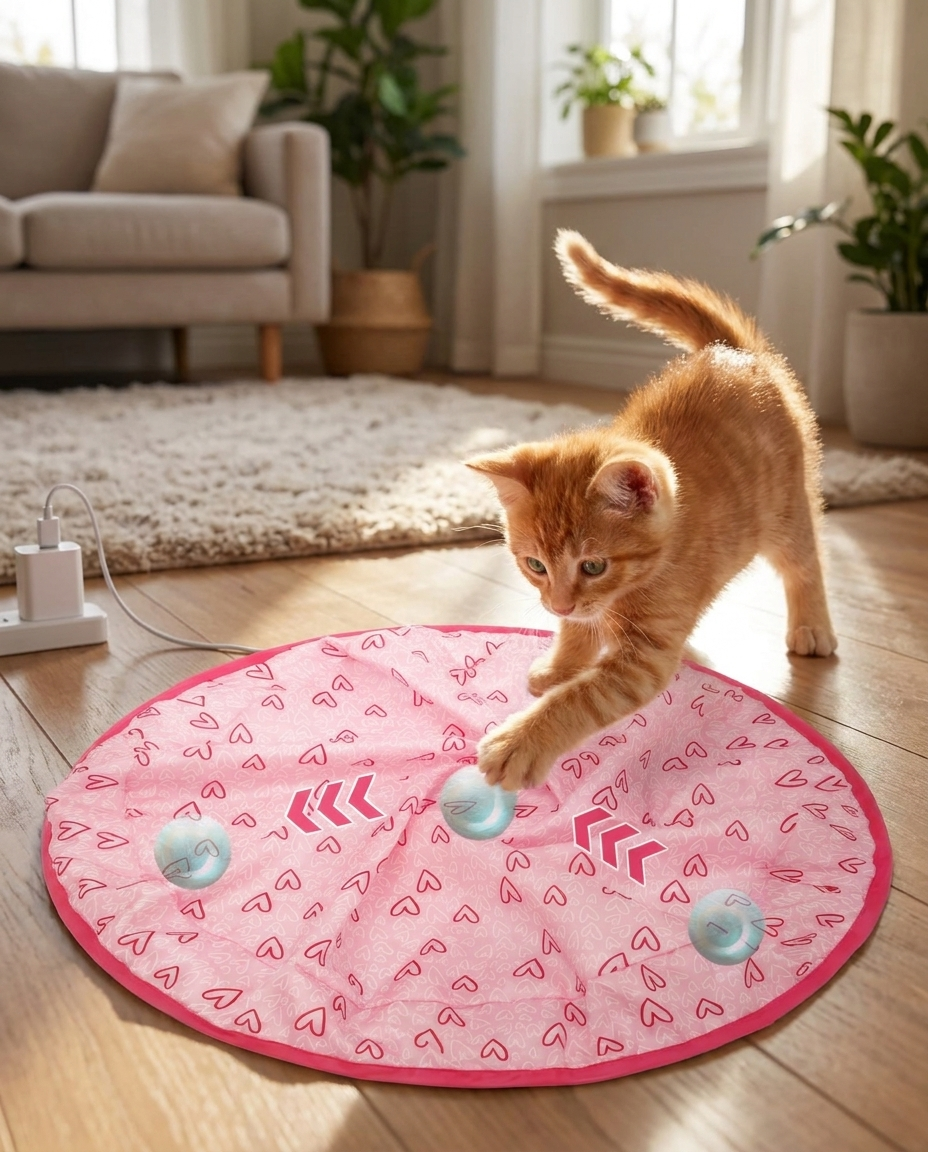 Interactive Cat Hunting Toy with Smart Rolling Ball in use, lifestyle background