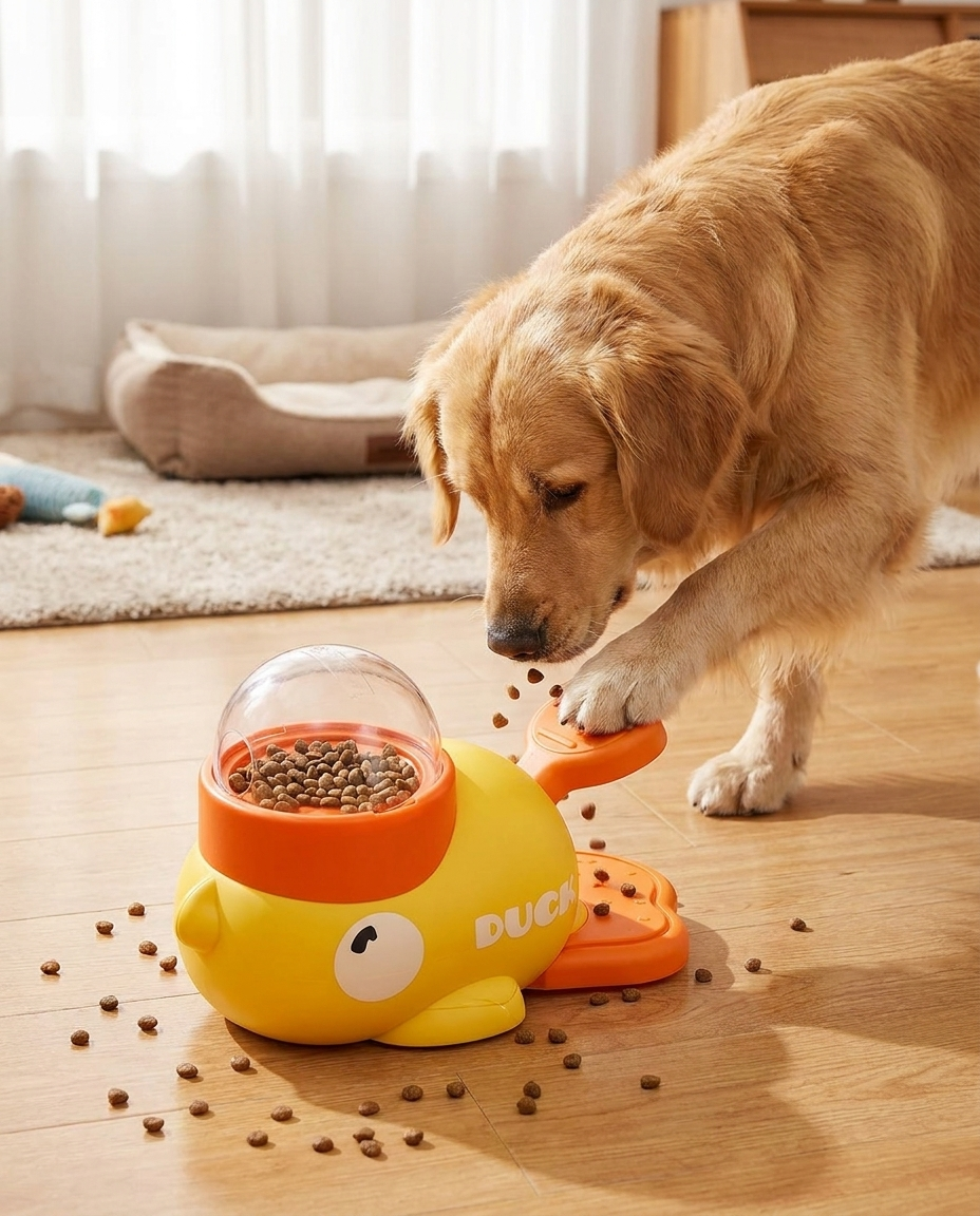Interactive Duck-Shaped Dog Puzzle Feeder in use, lifestyle background