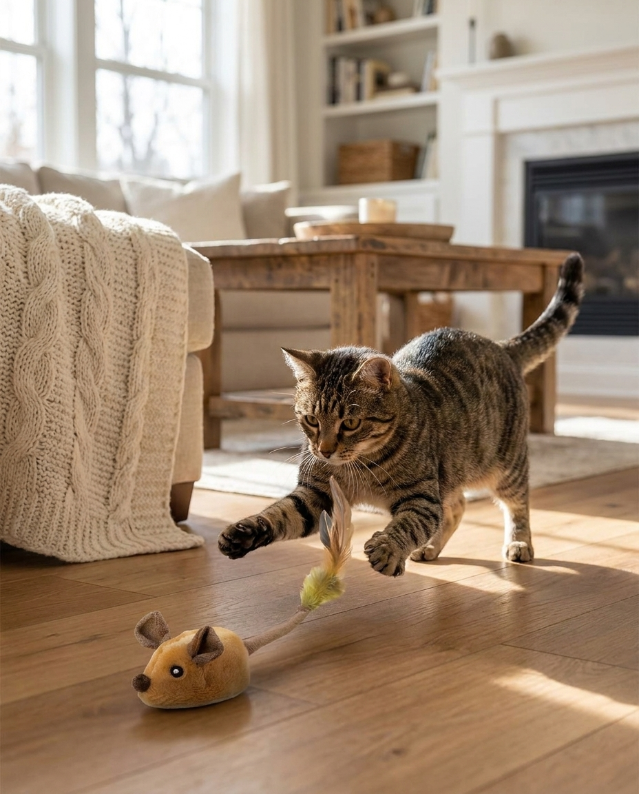 Intelligent Automatic Mouse Toy for Cats in use, lifestyle background