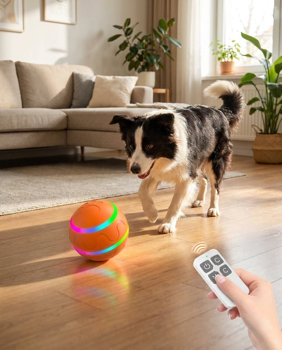 Remote Control Interactive Dog Ball Toy with LED Lights in use, lifestyle background