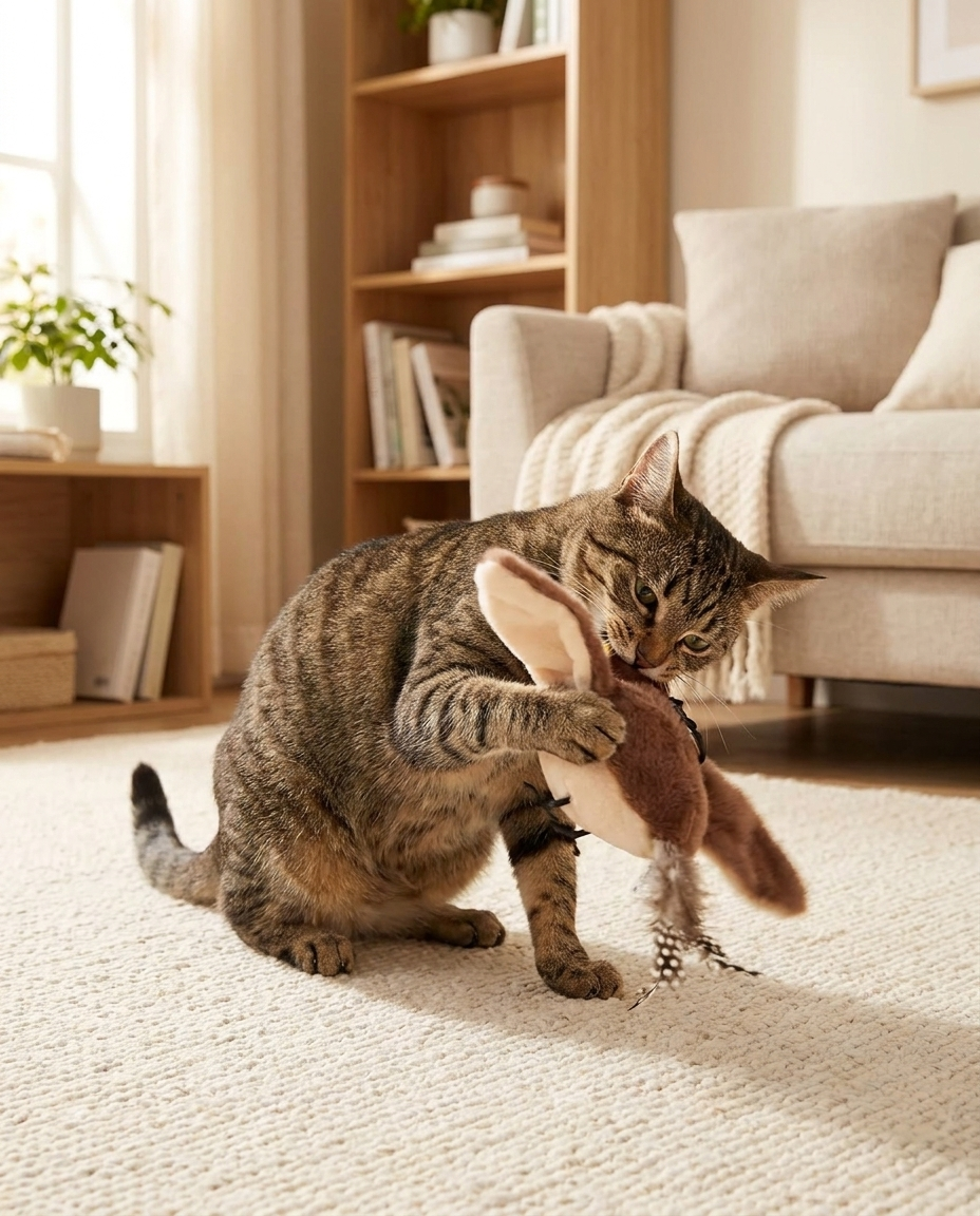 Interactive Flapping Bird Cat Toy with Catnip in use, lifestyle background