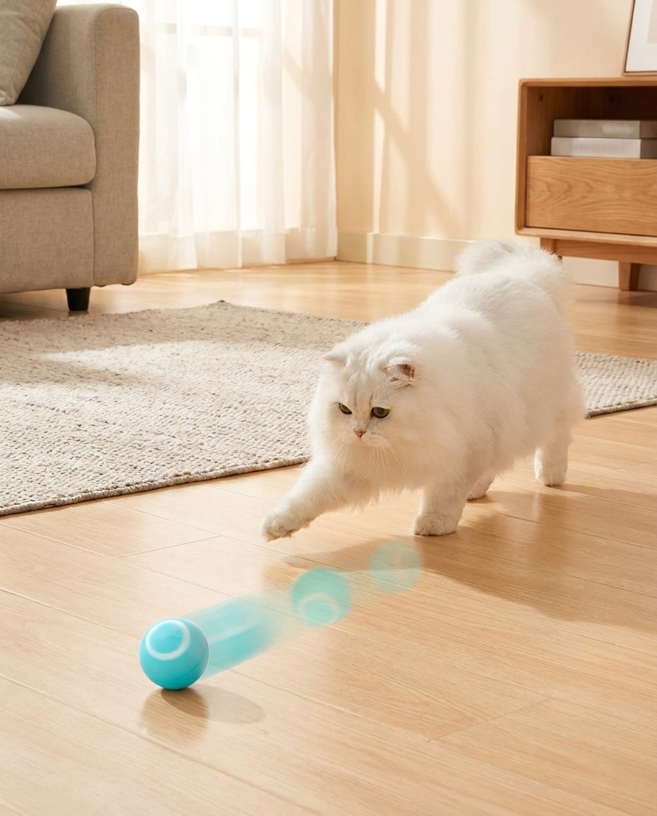 Interactive Self-Rolling Pet Ball for Dogs and Cats in use, lifestyle background