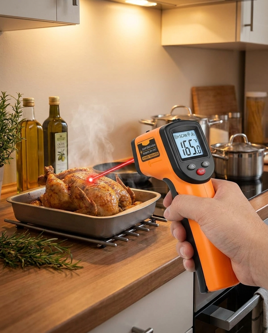 Infrared Laser Thermometer All-in-One Temperature Gun in use, lifestyle background