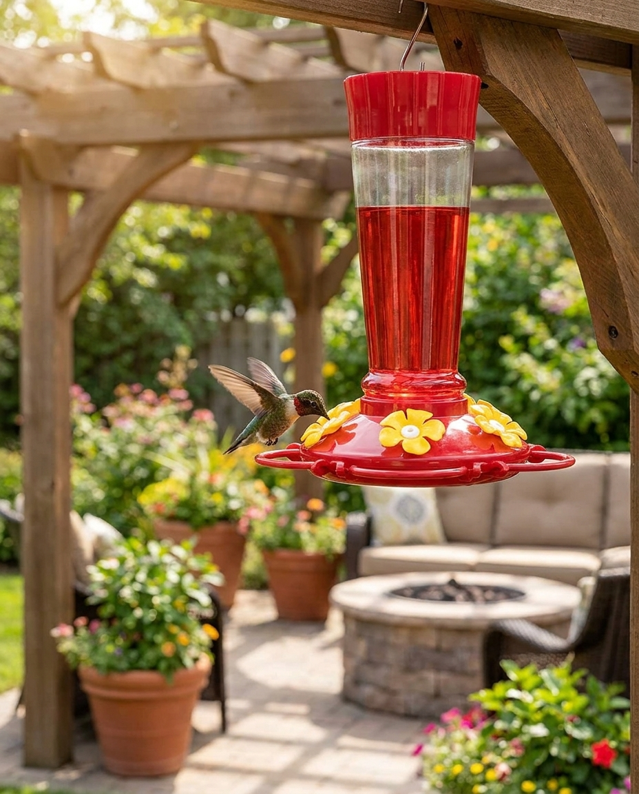 Large Capacity Red Hummingbird Feeder with Hanging Hook in use, lifestyle background