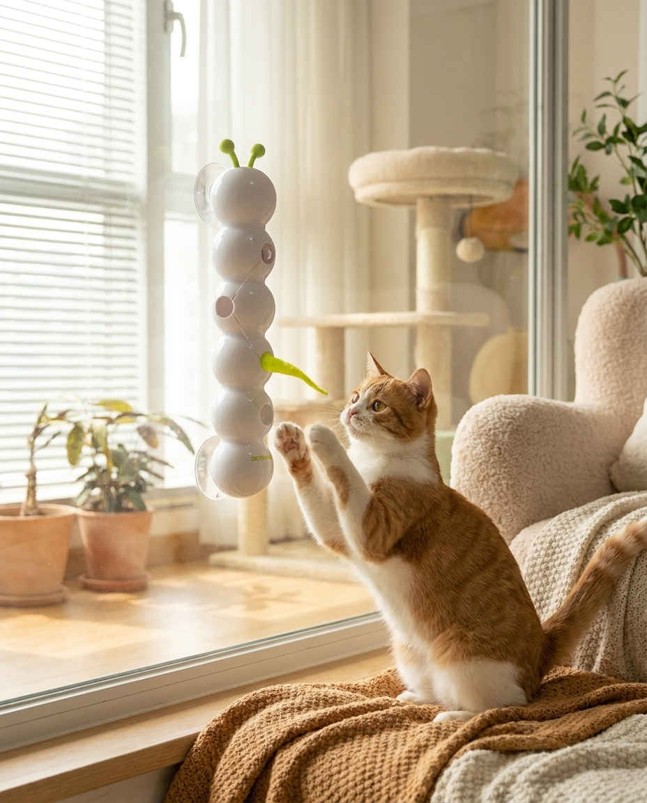 Interactive Worm Pole Cat Toy with Automatic Pop-Up in use, lifestyle background