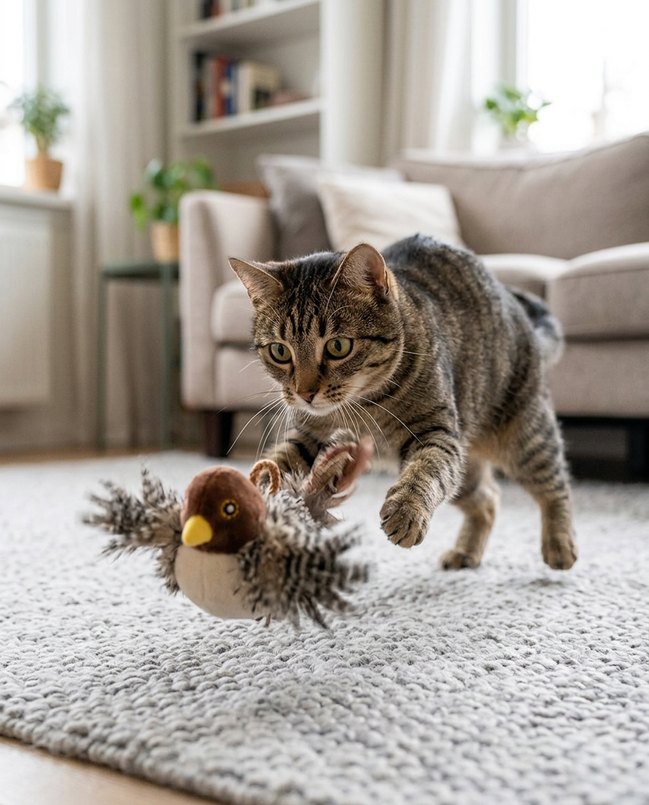 Interactive Flapping Feather Bird Toy for Indoor Cats in use, lifestyle background