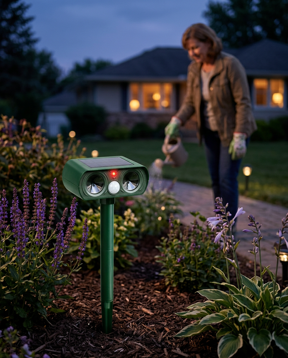 Solar-Powered Infrared Ultrasonic Animal Pest Repeller in use, lifestyle background