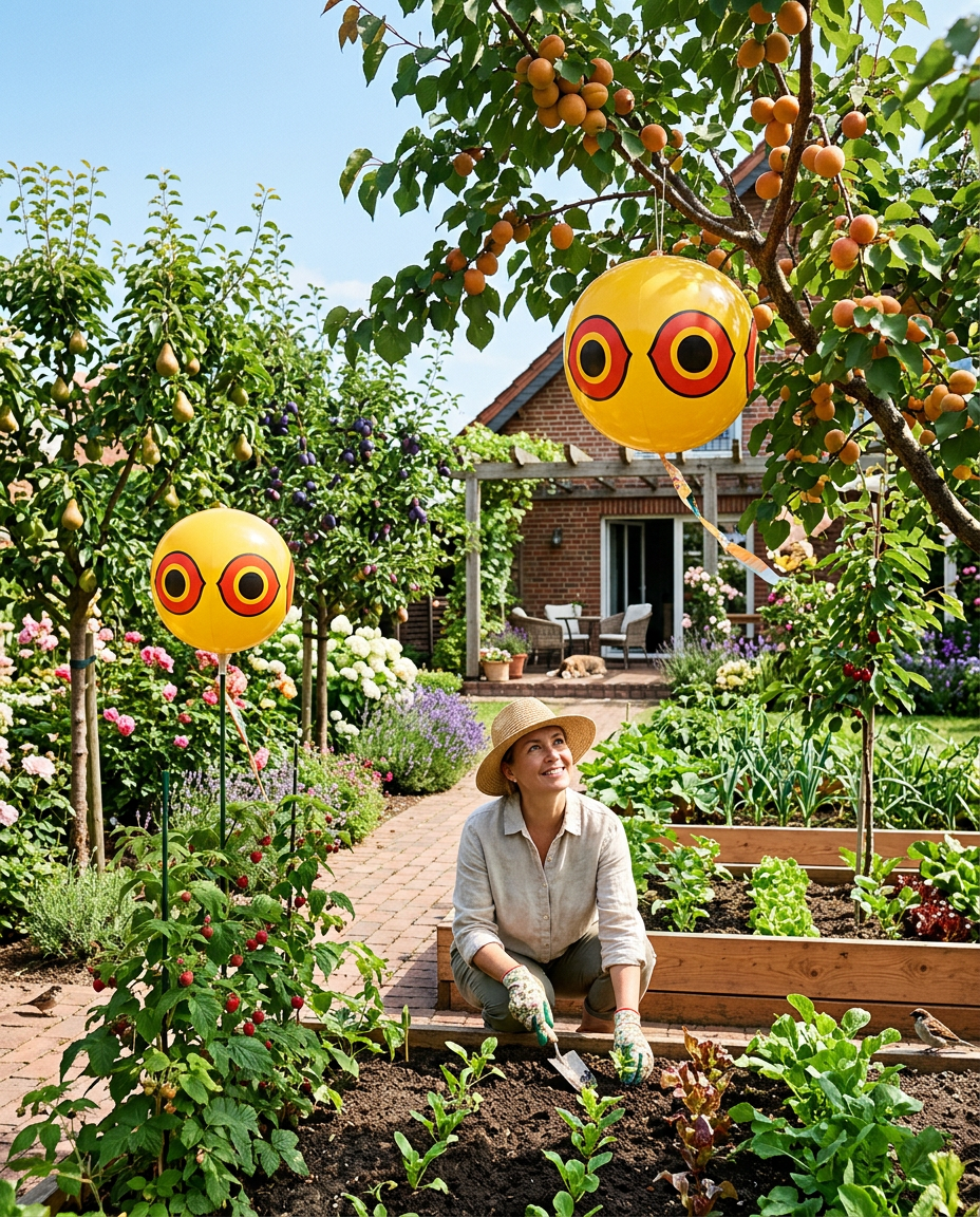 Inflatable Scare Eye Balloon Bird Deterrent in use, lifestyle background