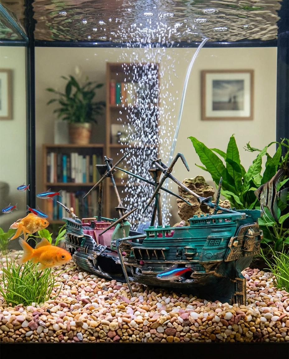 Large Sunken Boat Aquarium Decoration with Air Bubbler in use, lifestyle background