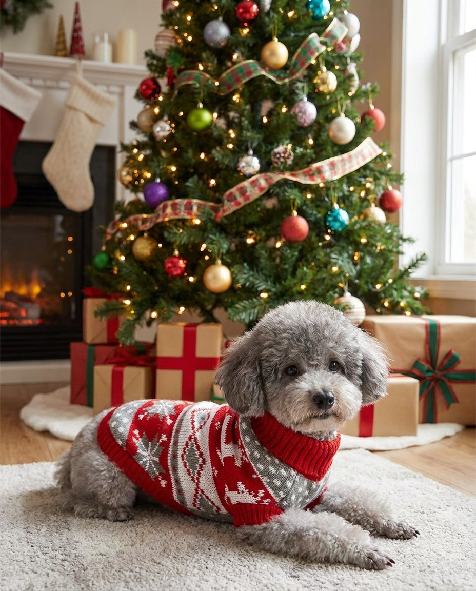 Knitted Christmas Sweater for Small Dogs and Cats in use, lifestyle background