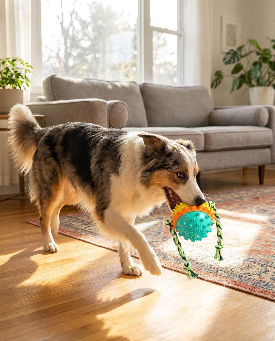 Interactive Self-Rolling Chew Toy for Pets in use, lifestyle background