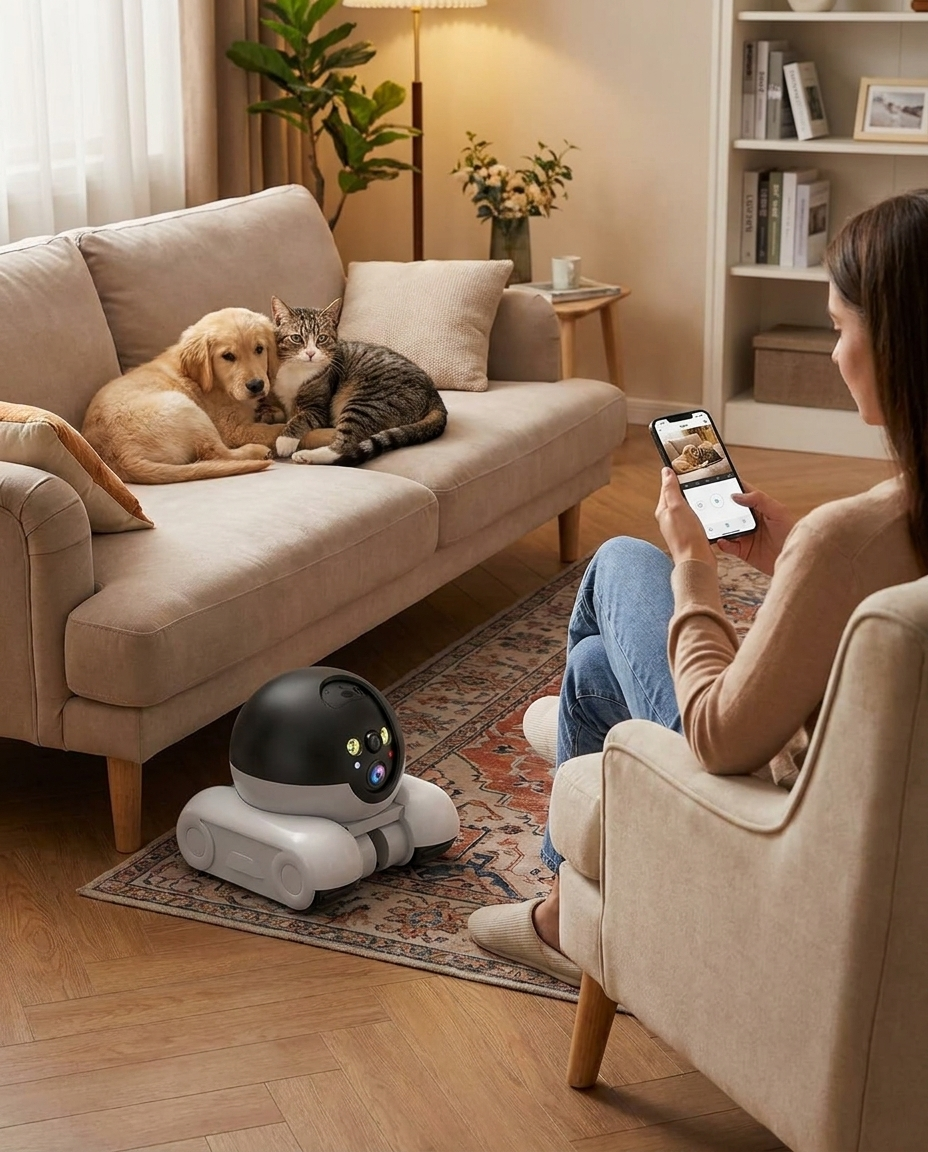 Indoor Pet Monitoring Camera for Dogs and Cats in use, lifestyle background
