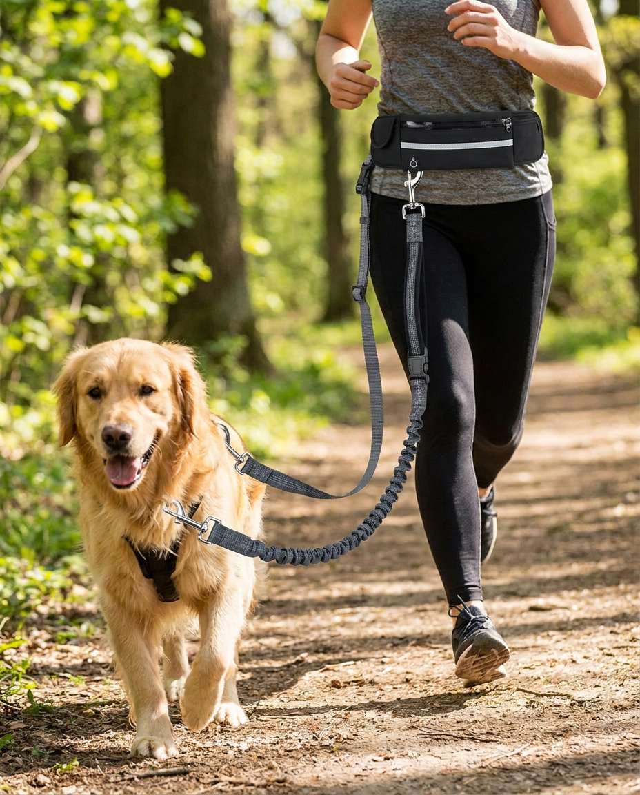 Hands-Free Dog Leash with Adjustable Waist Belt in use, lifestyle background