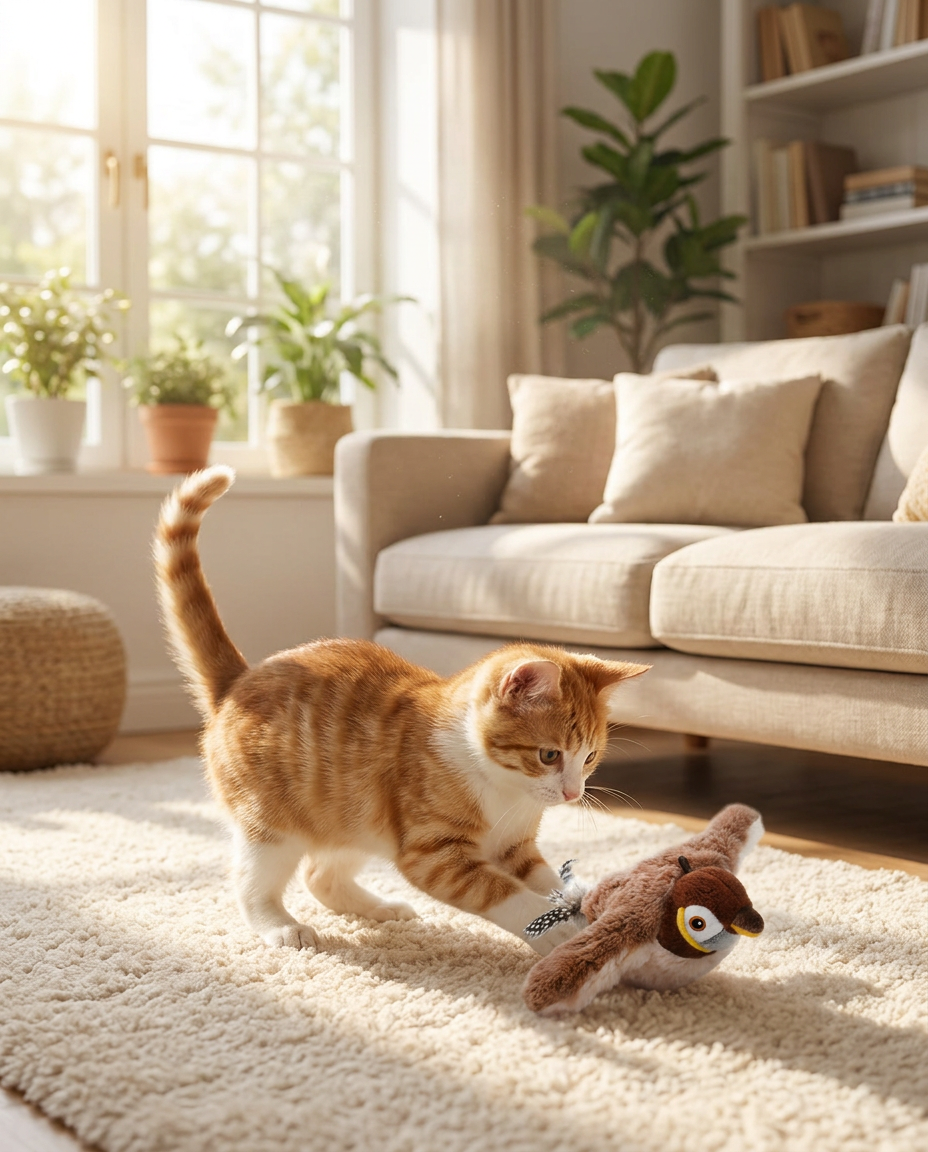 Interactive Chirping Bird Cat Chase Toy in use, lifestyle background