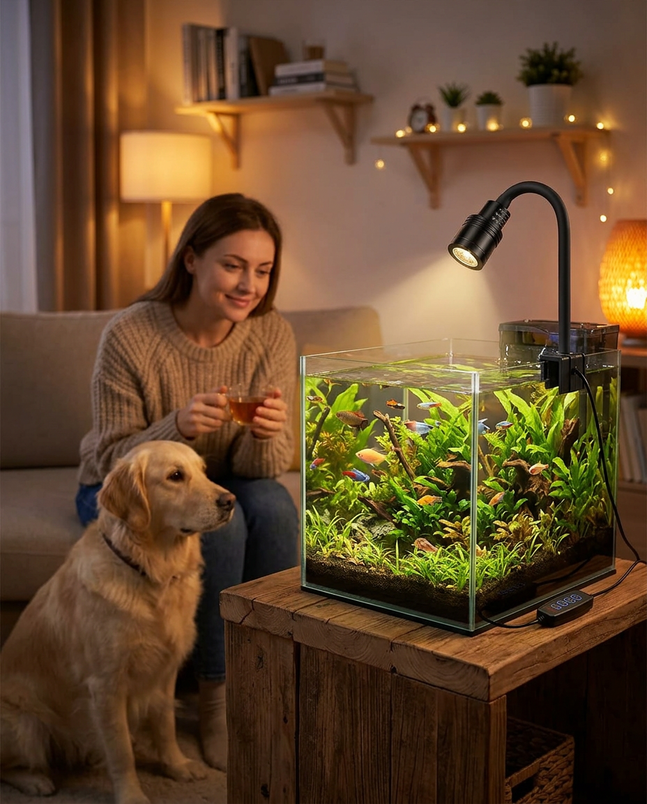 Adjustable LED Aquarium Light for Fish Tanks in use, lifestyle background