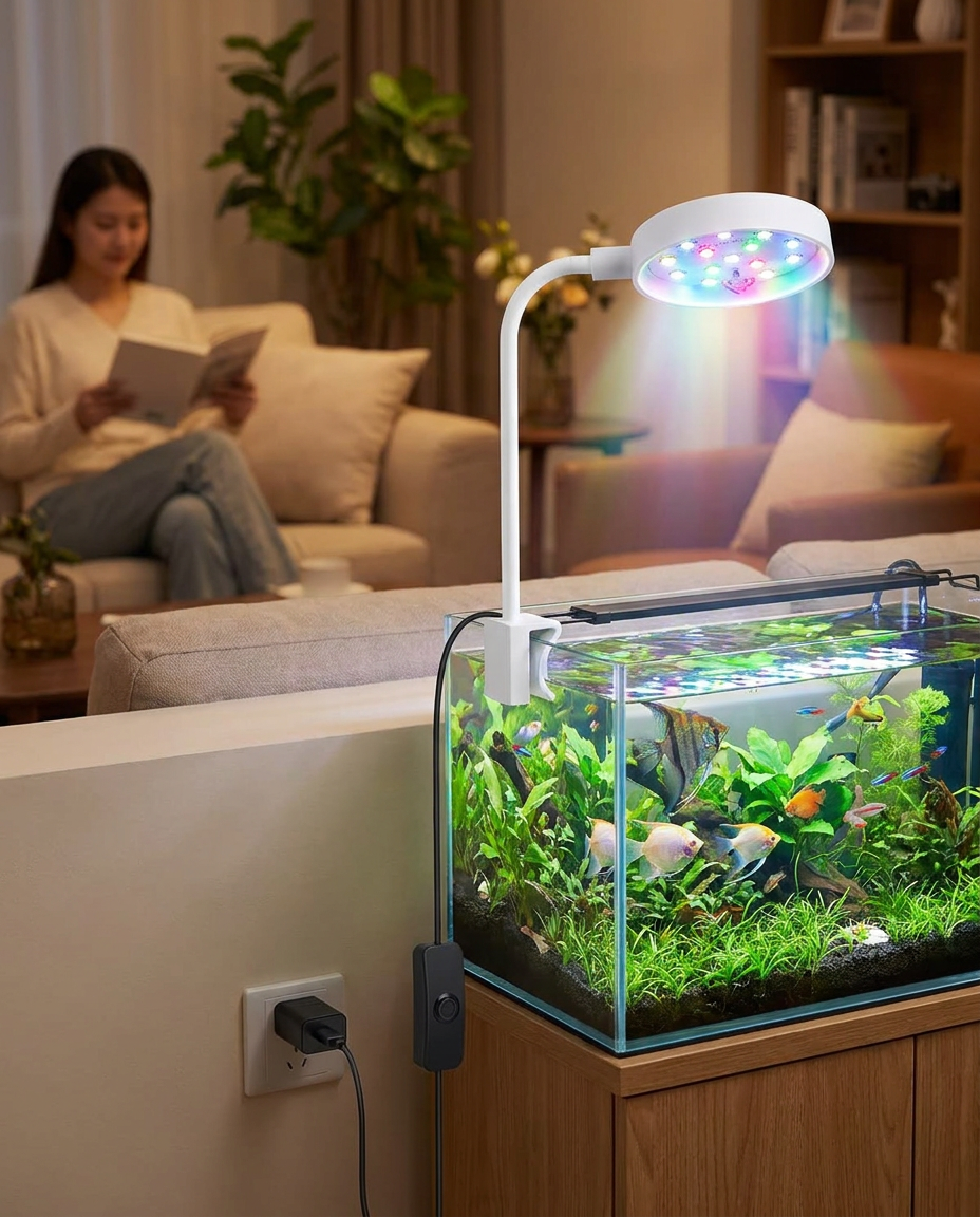 USB Clip-On Full Spectrum LED Aquarium Light in use, lifestyle background