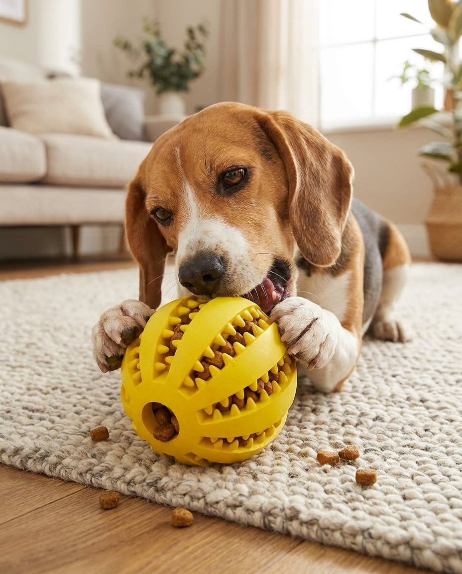 Interactive Rubber Treat Dispensing Ball in use, lifestyle background