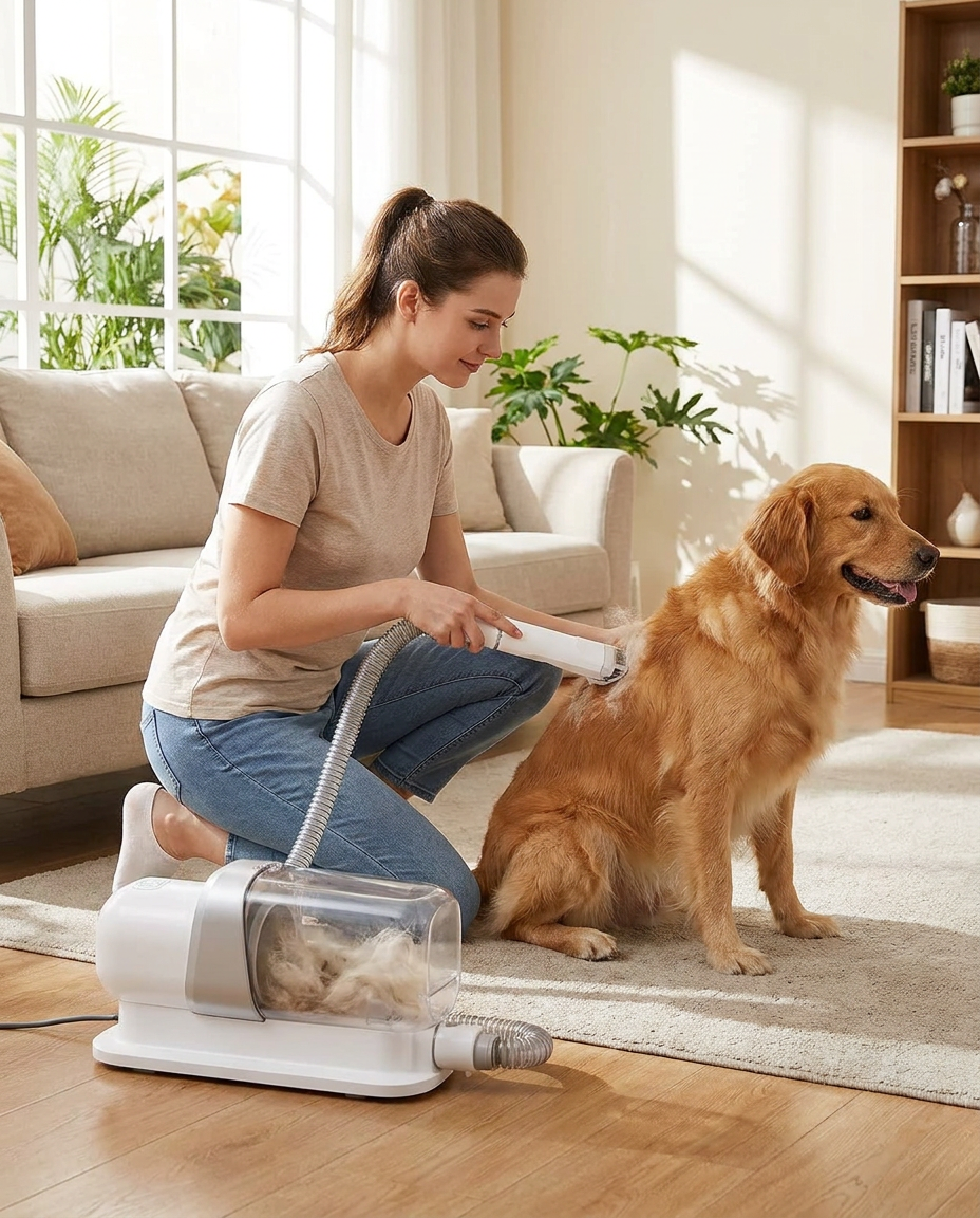 Low-Noise Pet Grooming Vacuum with Clippers & Brush Kit in use, lifestyle background